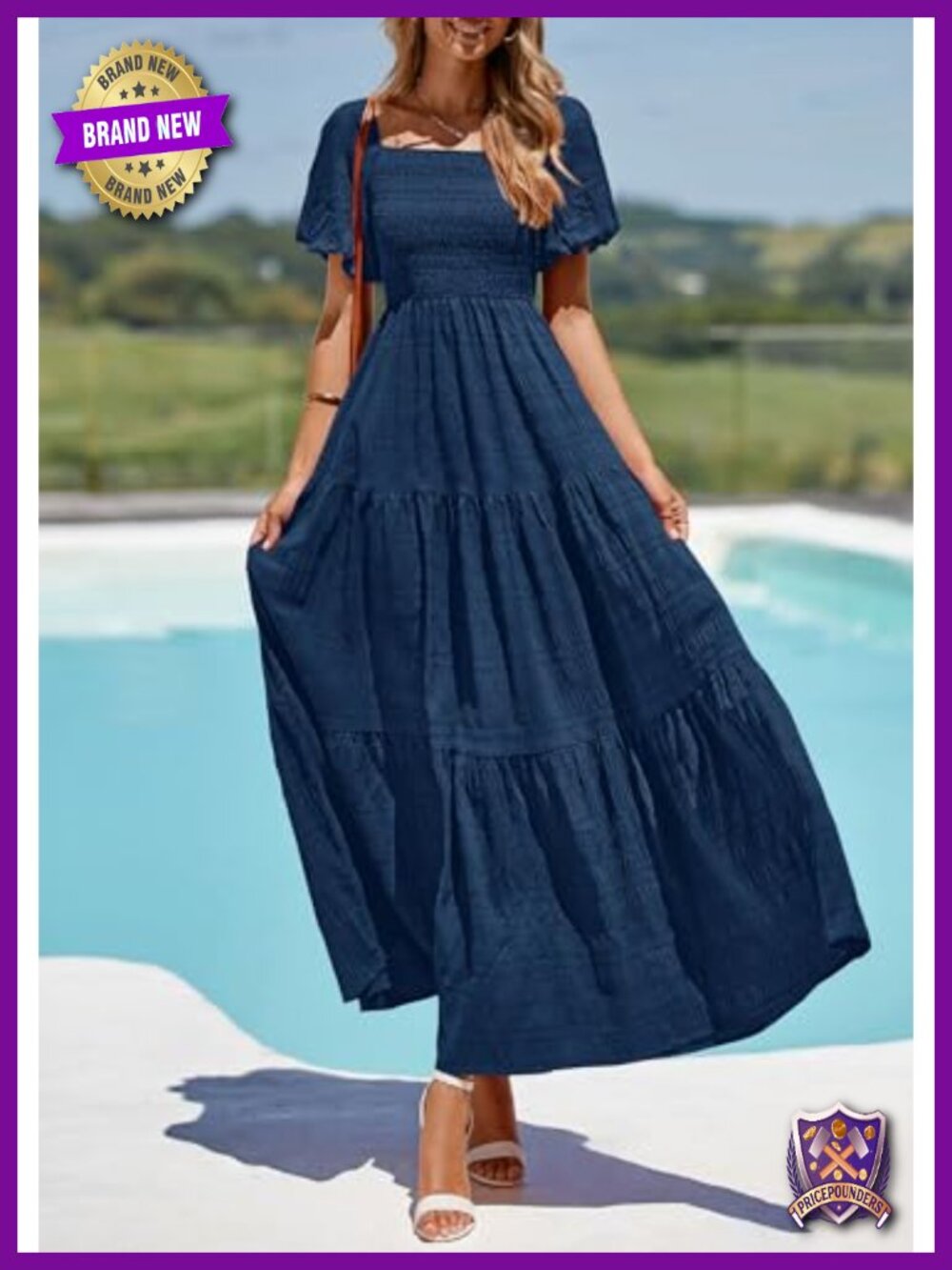 Puff Short Sleeve Maxi Dress Square Neck Smocked Tiered Ruffle A Line Long - Picture 2 of 6